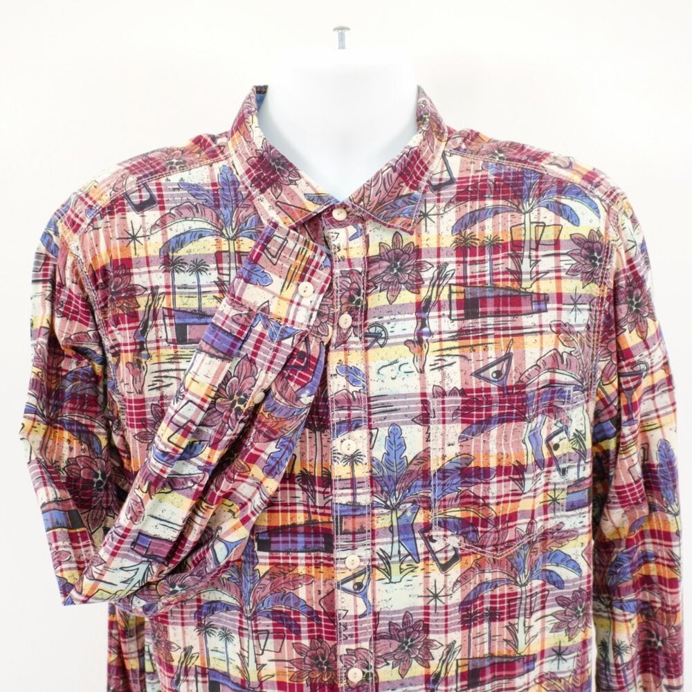 Tommy Bahama Red Yellow Blue Floral Plaid Collared Dress Shirt XL Cotton Flip Cu